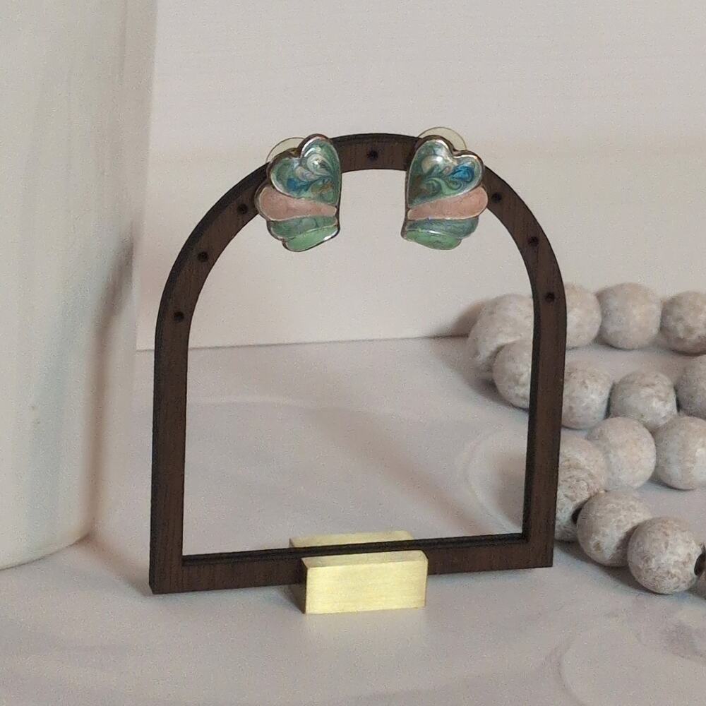 VTG 1980s Silver-Tone Mint Green & Tan Cloisonne Heart-Shaped Pierced Earrings